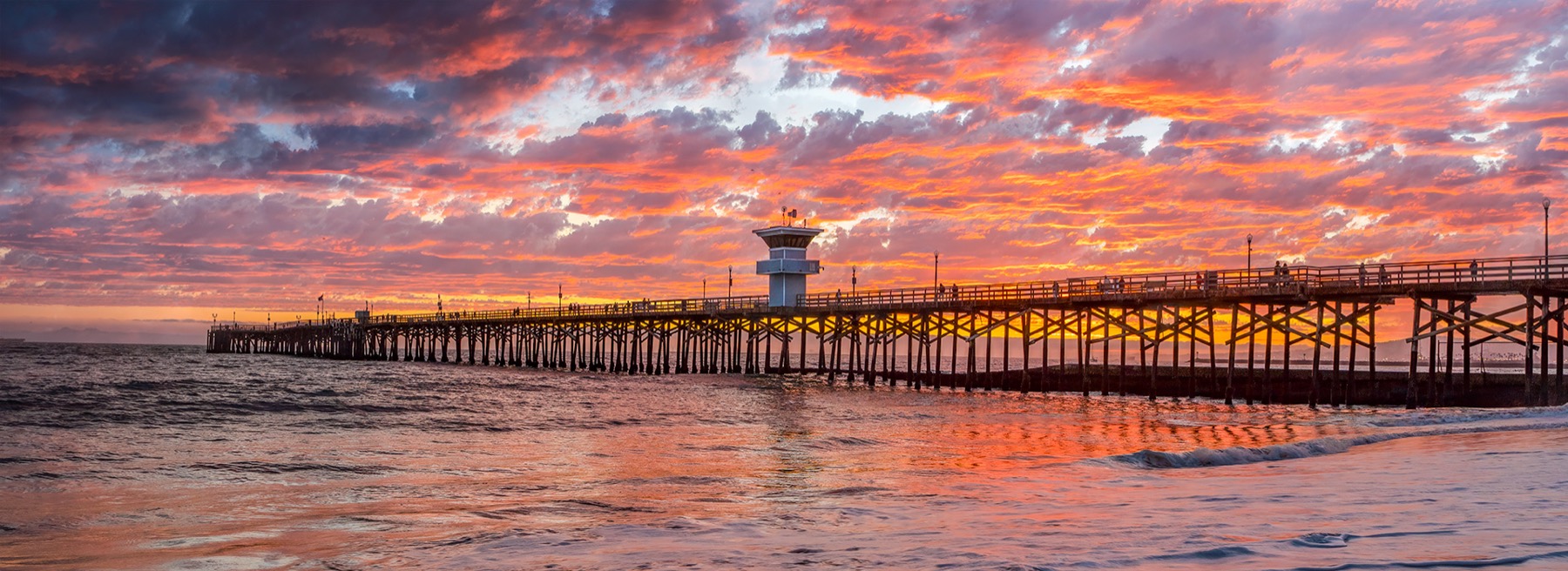 Red sunset over the Seal Beach pier and ocean