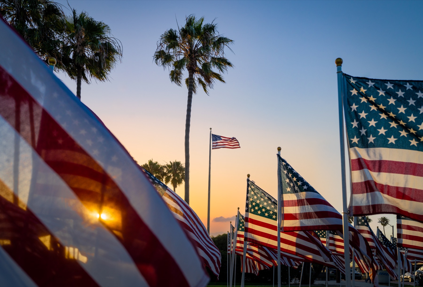 American flags displayed in Seal Beach at sunset